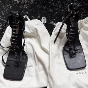 Fanci Club Black Strappy Studded Spiked Buckle Ankle Strap Stiletto Heels